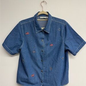Vintage Cabin Creek Blue Denim Shirt with Flag And Star Embroidery